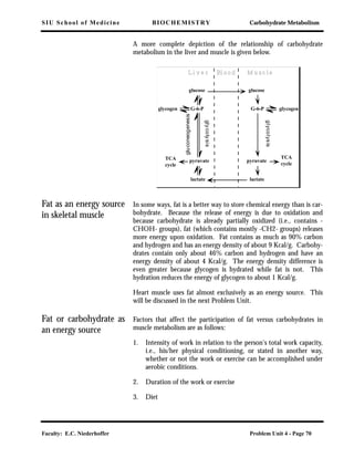 SIU School of Medicine BIOCHEMISTRY Carbohydrate Metabolism
Faculty: E.C. Niederhoffer Problem Unit 4 - Page 70
A more complete depiction of the relationship of carbohydrate
metabolism in the liver and muscle is given below.
Fat as an energy source
in skeletal muscle
In some ways, fat is a better way to store chemical energy than is car-
bohydrate. Because the release of energy is due to oxidation and
because carbohydrate is already partially oxidized (i.e., contains -
CHOH- groups), fat (which contains mostly -CH2- groups) releases
more energy upon oxidation. Fat contains as much as 90% carbon
and hydrogen and has an energy density of about 9 Kcal/g. Carbohy-
drates contain only about 46% carbon and hydrogen and have an
energy density of about 4 Kcal/g. The energy density difference is
even greater because glycogen is hydrated while fat is not. This
hydration reduces the energy of glycogen to about 1 Kcal/g.
Heart muscle uses fat almost exclusively as an energy source. This
will be discussed in the next Problem Unit.
Fat or carbohydrate as
an energy source
Factors that affect the participation of fat versus carbohydrates in
muscle metabolism are as follows:
1. Intensity of work in relation to the person's total work capacity,
i.e., his/her physical conditioning, or stated in another way,
whether or not the work or exercise can be accomplished under
aerobic conditions.
2. Duration of the work or exercise
3. Diet
Bl oodLi v e r M u s c l e
glucose glucose
lactate lactate
G-6-PG-6-Pglycogen glycogen
pyruvate pyruvateTCA
cycle
TCA
cycle
glycolysis
gluconeogenesis
glycolysis
 