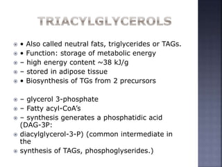  • Also called neutral fats, triglycerides or TAGs.
 • Function: storage of metabolic energy
 – high energy content ~38 kJ/g
 – stored in adipose tissue
 • Biosynthesis of TGs from 2 precursors
 – glycerol 3-phosphate
 – Fatty acyl-CoA’s
 – synthesis generates a phosphatidic acid
(DAG-3P:
 diacylglycerol-3-P) (common intermediate in
the
 synthesis of TAGs, phosphoglyserides.)
 