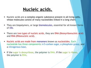 Nucleic acids.
 Nucleic acids are a complex organic substance present in all living cells,
whose molecules consist of many nucleotides linked in a long chain.
 They are biopolymers, or large biomolecules, essential for all known forms
of life.
 There are two types of nucleic acids, they are DNA (Deoxyribonucleic acid)
and RNA (Ribonucleic acid).
 Nucleic acids are made from monomers known as nucleotides. Each
nucleotide has three components: A 5-carbon sugar, a phosphate group, and
a nitrogenous base.
 If the sugar is deoxyribose, the polymer is DNA. If the sugar is ribose,
the polymer is RNA.
 