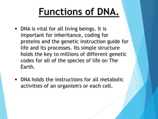  DNA is vital for all living beings. It is
important for inheritance, coding for
proteins and the genetic instruction guide for
life and its processes. Its simple structure
holds the key to millions of different genetic
codes for all of the species of life on The
Earth.
 DNA holds the instructions for all metabolic
activities of an organism's or each cell.
Functions of DNA.
 