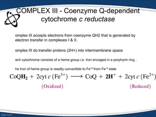 COMPLEX III - Coenzyme Q-dependent
cytochrome c reductase
omplex III accepts electrons from coenzyme QH2 that is generated by
electron transfer in complexes I & II.
omplex III do transfer protons (2H+) into intermembrane space
ach cytochrome consists of a heme group i.e. Iron encaged in a porphyrin ring .
he Iron of heme group is readily convertible to Fe ² from Fe ³ state⁺ ⁺
 