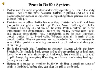 Protein Buffer System
• Proteins are the most important and widely operating buffers in the body
fluids. They are the most powerful buffers in plasma and cells. The
proteins buffer system is important in regulating blood plasma and intra
cellular fluid pH .
• Proteins are excellent buffer because they contain both acid and base
groups that can give up and take up H+ ions. Protein buffer system helps
to maintain acidity in and around the cells. Protein buffers are either
intracellular and extracellular. Proteins are mainly intracellular found
and include hemoglobin (Hb). Hemoglobin is by far most important
protein buffer in red blood cells. Whereas albumin is main plasma
protein buffer. Plasma proteins are extracellular but their amount is
small. Other proteins containing amino acid are histidine and also good
at buffering.
• Hb is the protein that functions to transport oxygen within the body.
Protein buffers include basic group and acidic group that act as hydrogen
ion or donors to maintain acceptor. Amino acid has the ability to respond
to pH changes by accepting H+(acting as a base) or releasing hydrogen
(acting as an acid).
• Hemoglobin makes an excellent buffer by binding to small amounts of
acids in the blood, before they can alter the pH of the blood.
15
 