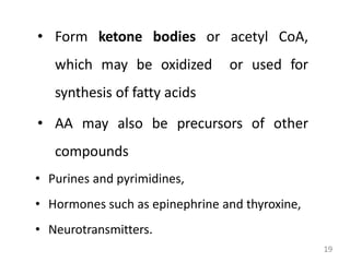 19
• Form ketone bodies or acetyl CoA,
which may be oxidized or used for
synthesis of fatty acids
• AA may also be precursors of other
compounds
• Purines and pyrimidines,
• Hormones such as epinephrine and thyroxine,
• Neurotransmitters.
 