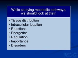 While studying metabolic pathways,
we should look at their:
• Tissue distribution
• Intracellular location
• Reactions
• Energetics
• Regulation
• Importance
• Disorders
 