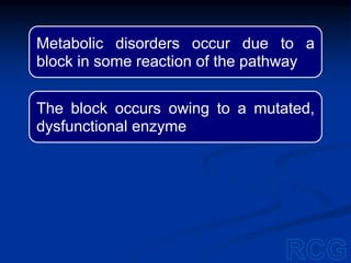 Metabolic disorders occur due to a
block in some reaction of the pathway
The block occurs owing to a mutated,
dysfunctional enzyme
 