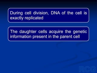 During cell division, DNA of the cell is
exactly replicated
The daughter cells acquire the genetic
information present in the parent cell
 