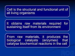 Cell is the structural and functional unit of
all living organisms
It obtains raw materials required for
sustaining itself from its environment
From raw materials, it produces the
biological catalysts (enzymes) that
catalyse biochemical reactions in the cell
 