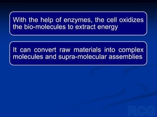 With the help of enzymes, the cell oxidizes
the bio-molecules to extract energy
It can convert raw materials into complex
molecules and supra-molecular assemblies
 