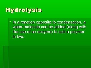 Hydrolysis

  In a reaction opposite to condensation, a
   water molecule can be added (along with
   the use of an enzyme) to split a polymer
   in two.
 