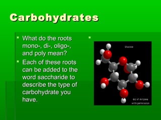 Carbohydrates
 What do the roots      
  mono-, di-, oligo-,
  and poly mean?
 Each of these roots
  can be added to the
  word saccharide to
  describe the type of
  carbohydrate you
  have.
 