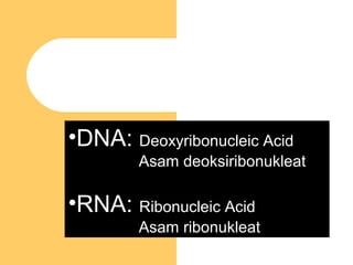 ASAM NUKLEAT
•DNA: Deoxyribonucleic Acid
Asam deoksiribonukleat
•RNA: Ribonucleic Acid
Asam ribonukleat
 