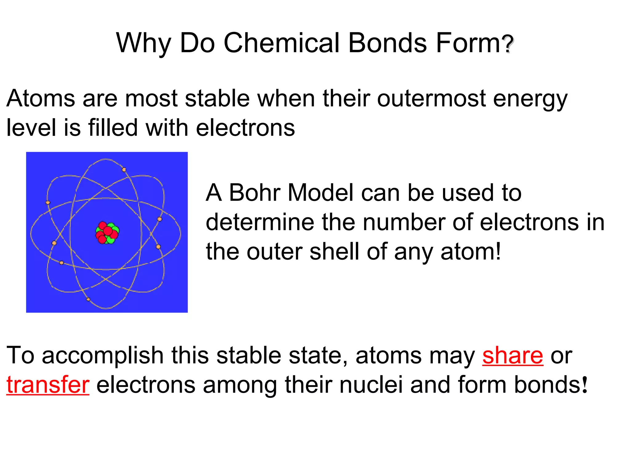 Why Do Chemical Bonds Form ? Atoms are most stable when their outermost energy level is filled with electrons To accomplish this stable state, atoms may  share  or  transfer  electrons among their nuclei and form bonds ! A Bohr Model can be used to determine the number of electrons in the outer shell of any atom! 