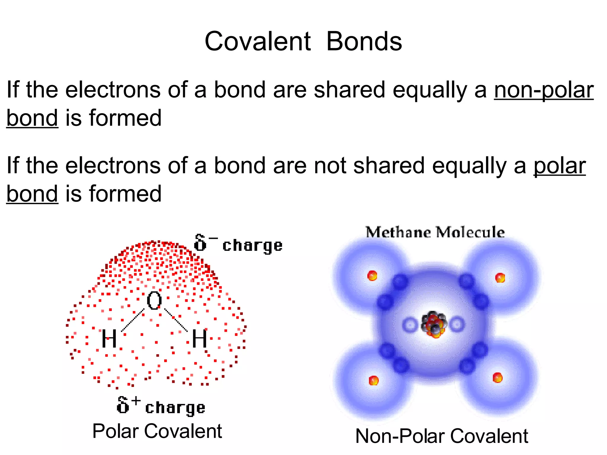 Covalent  Bonds If the electrons of a bond are shared equally a  non-polar bond  is formed If the electrons of a bond are not shared equally a  polar   bond  is formed Polar Covalent Non-Polar Covalent 