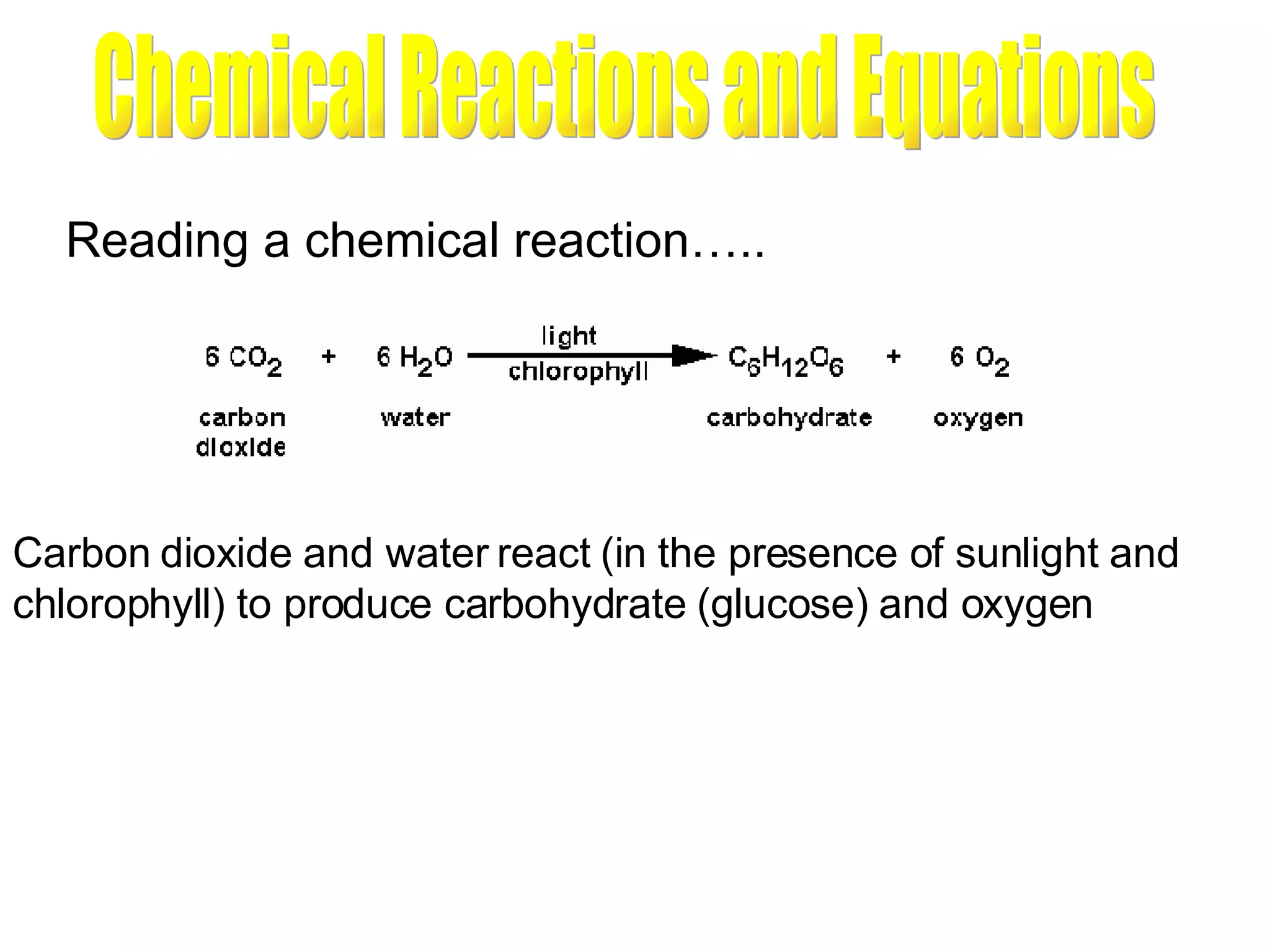 Chemical Reactions and Equations Reading a chemical reaction….. Carbon dioxide and water react (in the presence of sunlight and chlorophyll) to produce carbohydrate (glucose) and oxygen 