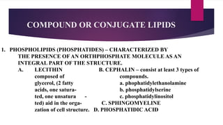 COMPOUND OR CONJUGATE LIPIDS
1. PHOSPHOLIPIDS (PHOSPHATIDES) – CHARACTERIZED BY
THE PRESENCE OF AN ORTHPHOSPHATE MOLECULE AS AN
INTEGRAL PART OF THE STRUCTURE.
A. LECITHIN B. CEPHALIN – consist at least 3 types of
composed of compounds.
glycerol, (2 fatty a. phophatidylethanolamine
acids, one satura- b. phosphatidylserine
ted, one unsatura - c. phosphatidylinositol
ted) aid in the orga- C. SPHINGOMYELINE
zation of cell structure. D. PHOSPHATIDIC ACID
 
