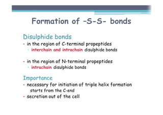 Formation of –S-S- bonds
Disulphide bonds
• in the region of C-terminal propeptides
▫ interchain and intrachain disulphide bonds
• in the region of N-terminal propeptides
▫ intrachain disulphide bonds
Importance
• necessary for initiation of triple helix formation
starts from the C-end
• secretion out of the cell
 