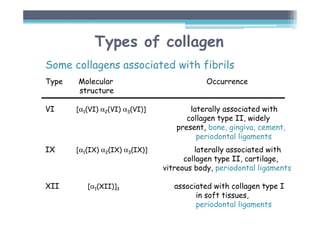 Types of collagen
Some collagens associated with fibrils
Type Molecular Occurrence
structure
VI [α1(VI) α2(VI) α3(VI)] laterally associated with
collagen type II, widely
present, bone, gingiva, cement,
periodontal ligaments
IX [α1(IX) α2(IX) α3(IX)] laterally associated with
collagen type II, cartilage,
vitreous body, periodontal ligaments
XII [α1(XII)]3 associated with collagen type I
in soft tissues,
periodontal ligaments
 