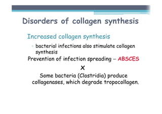 Disorders of collagen synthesis
Increased collagen synthesis
▫ bacterial infections also stimulate collagen
synthesis
Prevention of infection spreading − ABSCES
x
Some bacteria (Clostridia) produce
collagenases, which degrade tropocollagen.
 