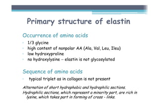 Primary structure of elastin
Occurrence of amino acids
▫ 1/3 glycine
▫ high content of nonpolar AA (Ala, Val, Leu, Ileu)
▫ low hydroxyproline
▫ no hydroxylysine − elastin is not glycosylated
Sequence of amino acids
▫ typical triplet as in collagen is not present
Alternation of short hydrophobic and hydrophilic sections.
Hydrophilic sections, which represent a minority part, are rich in
lysine, which takes part in forming of cross - links.
 