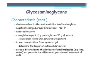Glycosaminoglycans
Characteristic (cont.)
▫ chains repel each other and in solution tend to straighten
▫ negatively charged groups bind cations – Na+, K+
▫ osmotically active
▫ strongly hydrophilic (1 g proteoglycans/50 g of water)
 occupy larger volume when compared with proteins
▫ in low concentrations form hydrated gel
 determine the turgor of extracellular matrix
▫ act as a filter allowing the diffusion of small molecules (e.g. ions,
water) and prevents the diffusion of proteins and movement of
cells
 