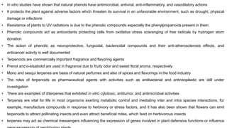 • In vitro studies have shown that natural phenols have antimicrobial, antiviral, anti-inflammatory, and vasodilatory actions
• It protects the plant against adverse factors which threaten its survival in an unfavorable environment, such as drought, physical
damage or infections
• Resistance of plants to UV radiations is due to the phenolic compounds especially the phenylpropanoids present in them
• Phenolic compounds act as antioxidants protecting cells from oxidative stress scavenging of free radicals by hydrogen atom
donation
• The action of phenolic as neuroprotective, fungicidal, bactericidal compounds and their anti-atherosclerosis effects, and
anticancer activity is well documented
• Terpenoids are commercially important fragrance and flavoring agents
• Prenol and α-bisabolol are used in fragrance due to fruity odor and sweet floral aroma, respectively
• Mono and sesqui terpenes are basis of natural perfumes and also of spices and flavorings in the food industry
• The roles of terpenoids as pharmaceutical agents with activities such as antibacterial and antineoplastic are still under
investigation
• There are examples of diterpenes that exhibited in vitro cytotoxic, antitumor, and antimicrobial activities
• Terpenes are vital for life in most organisms exerting metabolic control and mediating inter and intra species interactions, for
example, manufacture compounds in response to herbivory or stress factors, and it has also been shown that flowers can emit
terpenoids to attract pollinating insects and even attract beneficial mites, which feed on herbivorous insects
• terpenes may act as chemical messengers influencing the expression of genes involved in plant defensive functions or influence
 