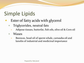 Simple Lipids
 Ester of fatty acids with glycerol
 Triglycerides, neutral fats
 Adipose tissues, butterfat, fish oils, olive oil & Corn oil
 Waxes
 Beeswax, head oil of sperm whale, carnauba oil and
lanolin of industrial and medicinal importance
Prepared by: Sidra Javed
 