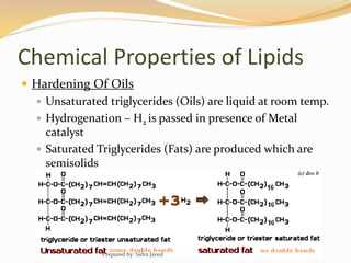 Chemical Properties of Lipids
 Hardening Of Oils
 Unsaturated triglycerides (Oils) are liquid at room temp.
 Hydrogenation – H2 is passed in presence of Metal
catalyst
 Saturated Triglycerides (Fats) are produced which are
semisolids
Prepared by: Sidra Javed
 