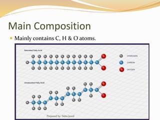 Main Composition
 Mainly contains C, H & O atoms.
Prepared by: Sidra Javed
 