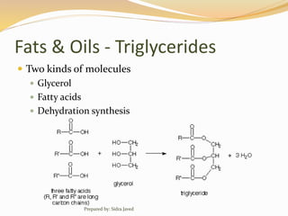 Fats & Oils - Triglycerides
 Two kinds of molecules
 Glycerol
 Fatty acids
 Dehydration synthesis
Prepared by: Sidra Javed
 