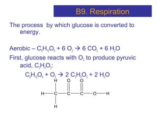 The process by which glucose is converted to
energy.
Aerobic – C6H12O6 + 6 O2  6 CO2 + 6 H2O
First, glucose reacts with O2 to produce pyruvic
acid, C3H4O3:
C6H12O6 + O2  2 C3H4O3 + 2 H2O
H C
H
H
C
O
C
O
O H
B9. Respiration
 