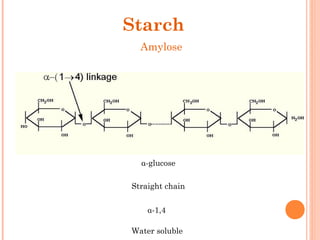 Starch
Amylose
α-glucose
Straight chain
α-1,4
Water soluble
 