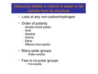 Deducing wheter a vitamin is water or fat
soluble from its structure
 