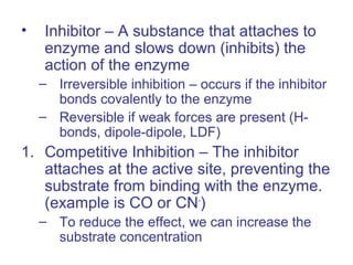 • Inhibitor – A substance that attaches to
enzyme and slows down (inhibits) the
action of the enzyme
– Irreversible inhibition – occurs if the inhibitor
bonds covalently to the enzyme
– Reversible if weak forces are present (H-
bonds, dipole-dipole, LDF)
1. Competitive Inhibition – The inhibitor
attaches at the active site, preventing the
substrate from binding with the enzyme.
(example is CO or CN-
)
– To reduce the effect, we can increase the
substrate concentration
 