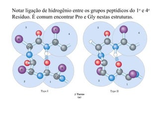 Notar ligação de hidrogênio entre os grupos peptídicos do 1o e 4o
Resíduo. É comum encontrar Pro e Gly nestas estruturas.
 