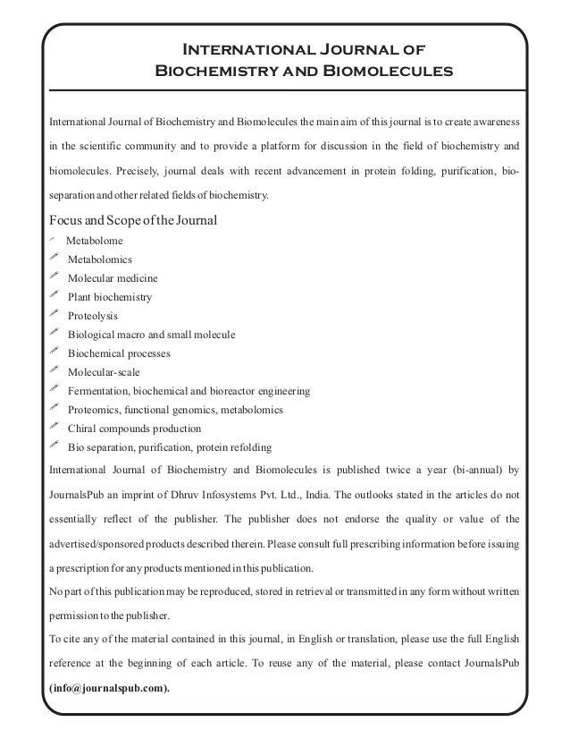 International Journal of Biochemistry and Biomolecules vol 2 issue 1