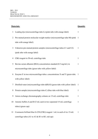 IBO – 2011
TAIWAN
PRACTICAL TEST 1
BIOCHEMISTRY AND CELL BIOLOGY
4
Materials: Quantity
1 Loading dye (microcentrifuge tube-L) (pink tube with orange label) 1
2 Pre-stained protein molecular weight marker (microcentrifuge tube-M) (pink
tube with orange label)
1
3 Unknown pre-stained protein samples (microcentrifuge tubes-U1 and U2)
(pink tube with orange label)
1
4 CBG reagent in 50-mL centrifuge tube 1
5 Bovine serum albumin (BSA) concentration standard (0.5 mg/mL) in
microcentrifuge tube (green tube with yellow label)
1
6 Enzyme E in two microcentrifuge tubes: concentrations X and Y (green tube
with yellow label)
1
7 Distilled water (microcentrifuge tube-ddH2O) (green tube with yellow label) 1
8 Protein sample (microcentrifuge tube-C) (blue tube with blue label) 1
9 Anion exchange chromatography column on 15-mL centrifuge tube 1
10 Anionic buffers A and B (5 mL each in two separated 15-mL centrifuge
tubes) (green cap)
1
11 Coomassie brilliant blue G-250 (CBG) reagent 1 mL in each of six 15-mL
centrifuge tubes (A1 to A3 & B1 to B3, red cap)
1
 