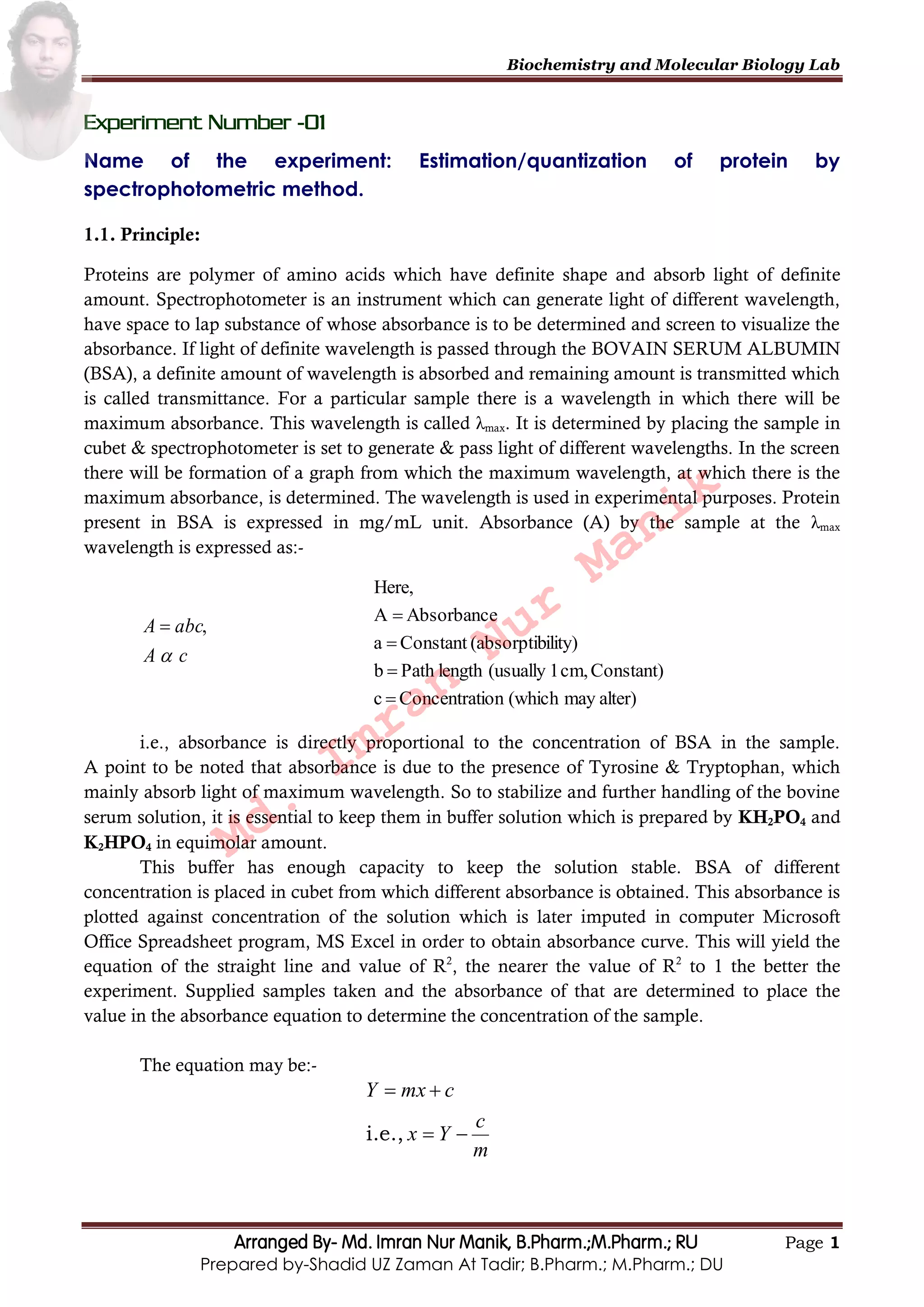 Biochemistry and molecular biology lab MANIK | PDF