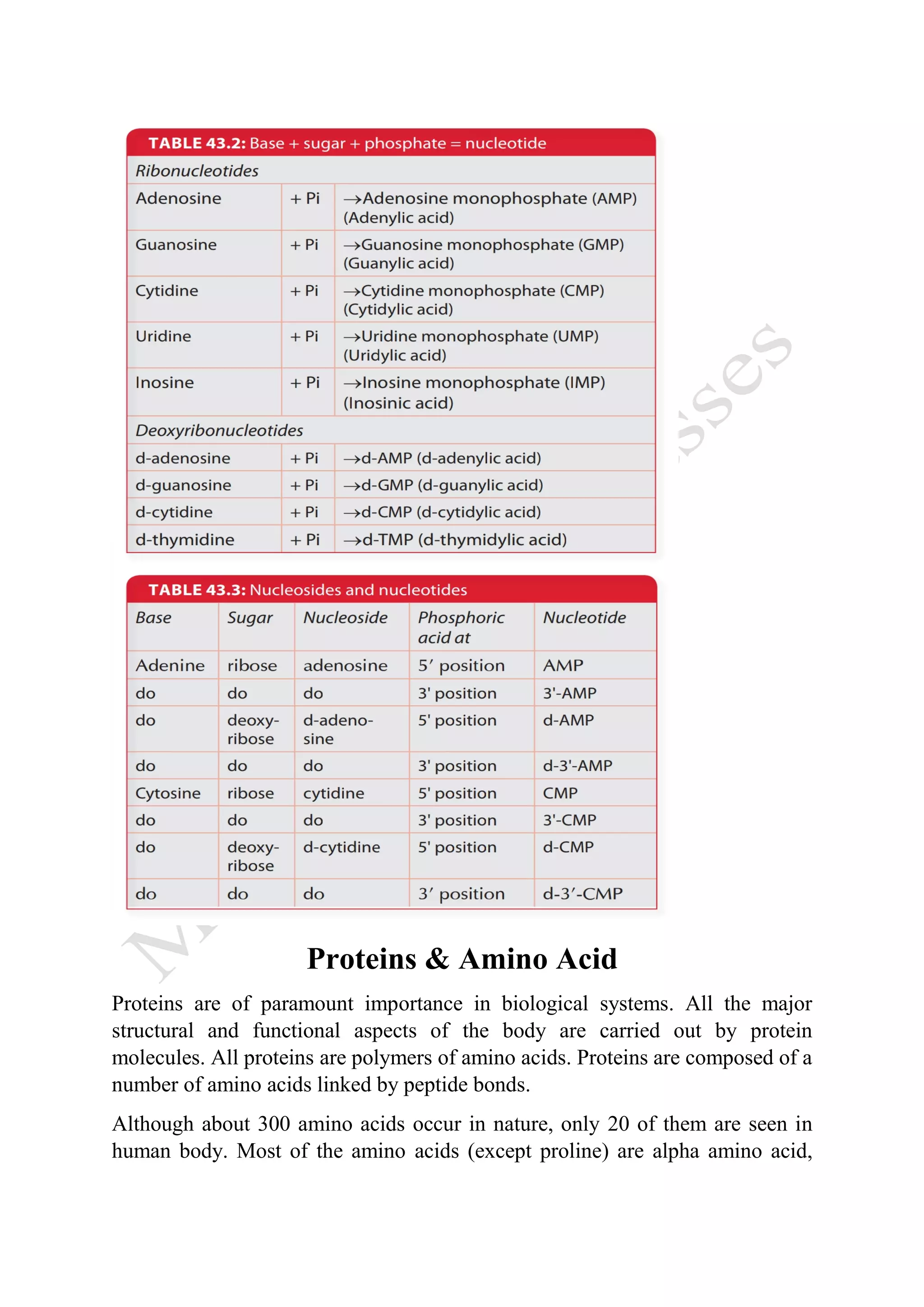 Proteins & Amino Acid
Proteins are of paramount importance in biological systems. All the major
structural and functional aspects of the body are carried out by protein
molecules. All proteins are polymers of amino acids. Proteins are composed of a
number of amino acids linked by peptide bonds.
Although about 300 amino acids occur in nature, only 20 of them are seen in
human body. Most of the amino acids (except proline) are alpha amino acid,
 