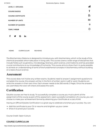 9/17/2019 Biochemistry Diploma - Edukite
https://edukite.org/course/biochemistry-diplomabiochemistry-diploma/ 2/10
   
LEVEL 3 - DIPLOMA
COURSE BADGE
COURSE CERTIFICATE
30NUMBER OF UNITS
0NUMBER OF QUIZZES
1 DAY, 1 HOUR
HOME CURRICULUM REVIEWS
The Biochemistry Diploma is designed to introduce you with biochemistry, which is the study of the
chemical processes which take place in living cells. This course covers a wide range of disciplines that
include elds such as genetics, microbiology, forensics, plant science, and medicine and has provided
crucial contributions to our knowledge of humanity. This course aims to show that it is quite possible
to achieve an understanding of some of the fundamental concepts in biochemistry without building
on a basis of pure science.
Assessment
This course does not involve any written exams. Students need to answer 5 assignment questions to
complete the course, the answers will be in the form of written work in pdf or word. Students can
write the answers in their own time. Each answer needs to be 200 words (1 Page). Once the answers
are submitted, the tutor will check and assess the work.
Certification
Edukite courses are free to study. To successfully complete a course you must submit all the
assignment of the course as part of the assessment. Upon successful completion of a course, you can
choose to make your achievement formal by obtaining your Certi cate at a cost of £49.
Having an Of cial Edukite Certi cation is a great way to celebrate and share your success. You can:
Add the certi cate to your CV or resume and brighten up your career
Show it to prove your success
 
Course Credit: Open Culture
COURSE CURRICULUM
 