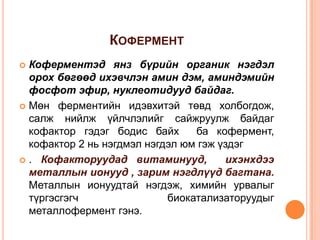 КОФЕРМЕНТ
Коферментэд янз бүрийн органик нэгдэл
орох бөгөөд ихэвчлэн амин дэм, аминдэмийн
фосфот эфир, нуклеотидууд байдаг.
 Мөн ферментийн идэвхитэй төвд холбогдож,
салж нийлж үйлчлэлийг сайжруулж байдаг
кофактор гэдэг бодис байх
ба кофермент,
кофактор 2 нь нэгдмэл нэгдэл юм гэж үздэг
 . Кофакторуудад витаминууд,
ихэнхдээ
металлын ионууд , зарим нэгдлүүд багтана.
Металлын ионуудтай нэгдэж, химийн урвалыг
түргэсгэгч
биокатализаторуудыг
металлофермент гэнэ.


 