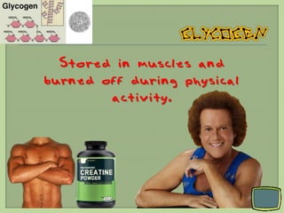 Stored in muscles and
burned off during physical
        activity.
 