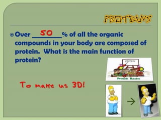  Over   50
      _________% of all the organic
 compounds in your body are composed of
 protein. What is the main function of
 protein?


  To make us 3D!

                                 
 