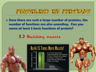    Since there are such a large number of proteins, the
    number of functions are also unending. Can you
    name at least 5 basic functions of protein?

          1.) Building muscle
 