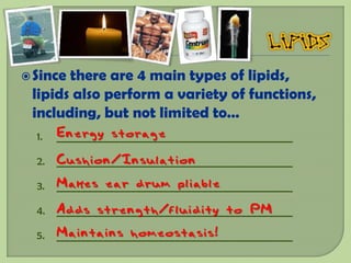  Sincethere are 4 main types of lipids,
 lipids also perform a variety of functions,
 including, but not limited to…
  1.   Energy storage
       ___________________________________________
  2. Cushion/Insulation
     ___________________________________________
  3.   Makes ear drum pliable
       ___________________________________________
  4. Adds strength/fluidity to PM
     ___________________________________________
  5.   Maintains homeostasis!
       ___________________________________________
 