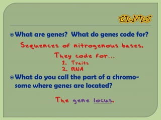  What   are genes? What do genes code for?
  Sequences of nitrogenous bases.
          They code for…
                 1. Traits
                 2. RNA
 Whatdo you call the part of a chromo-
 some where genes are located?

               The gene locus.
 