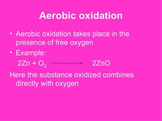 Aerobic oxidation
• Aerobic oxidation takes place in the
  presence of free oxygen
• Example:
  2Zn + O2                2ZnO
Here the substance oxidized combines
 directly with oxygen
 