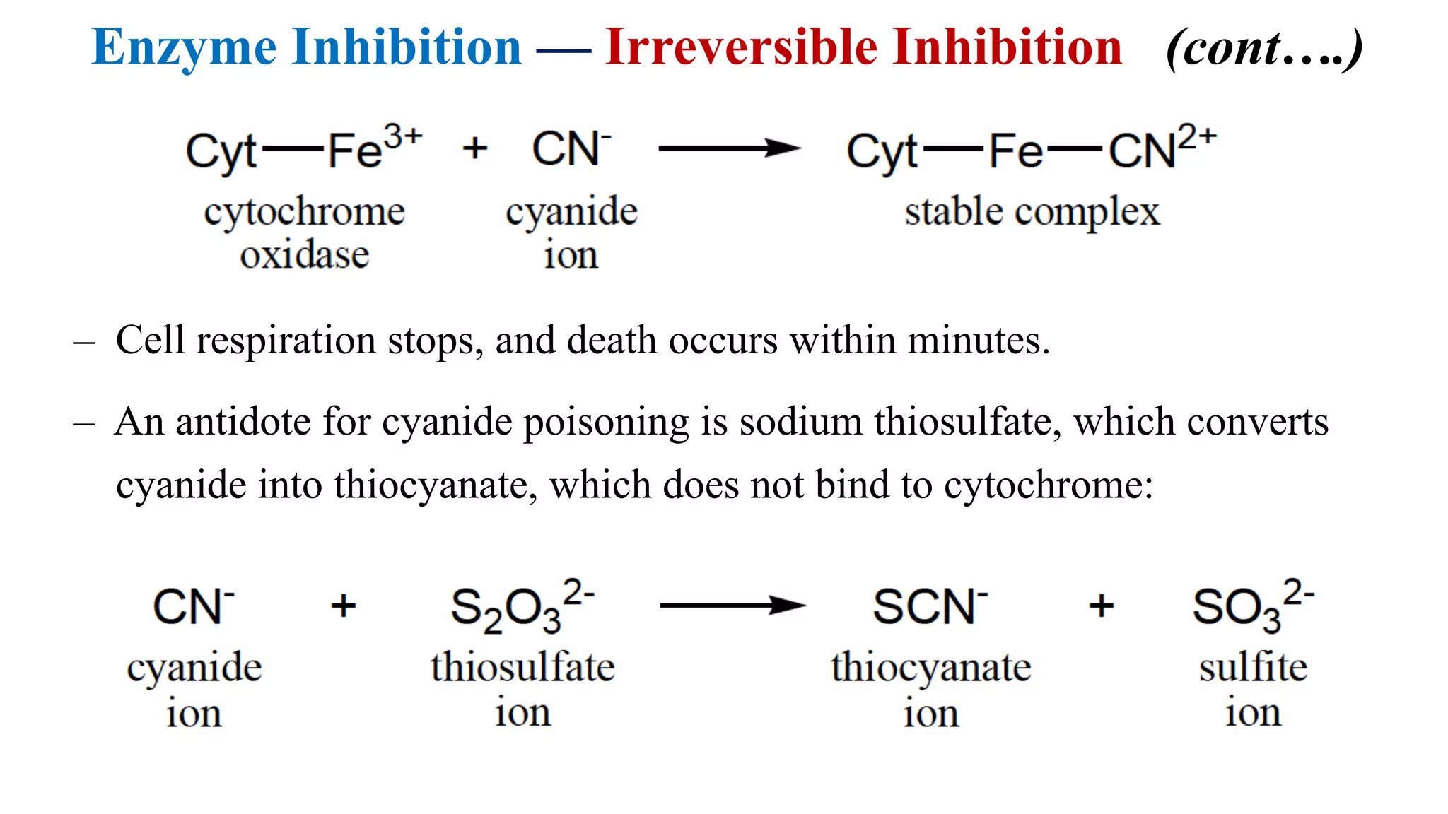 Enzyme Inhibition — Irreversible Inhibition (cont….)
– Cell respiration stops, and death occurs within minutes.
– An antidote for cyanide poisoning is sodium thiosulfate, which converts
cyanide into thiocyanate, which does not bind to cytochrome:
 