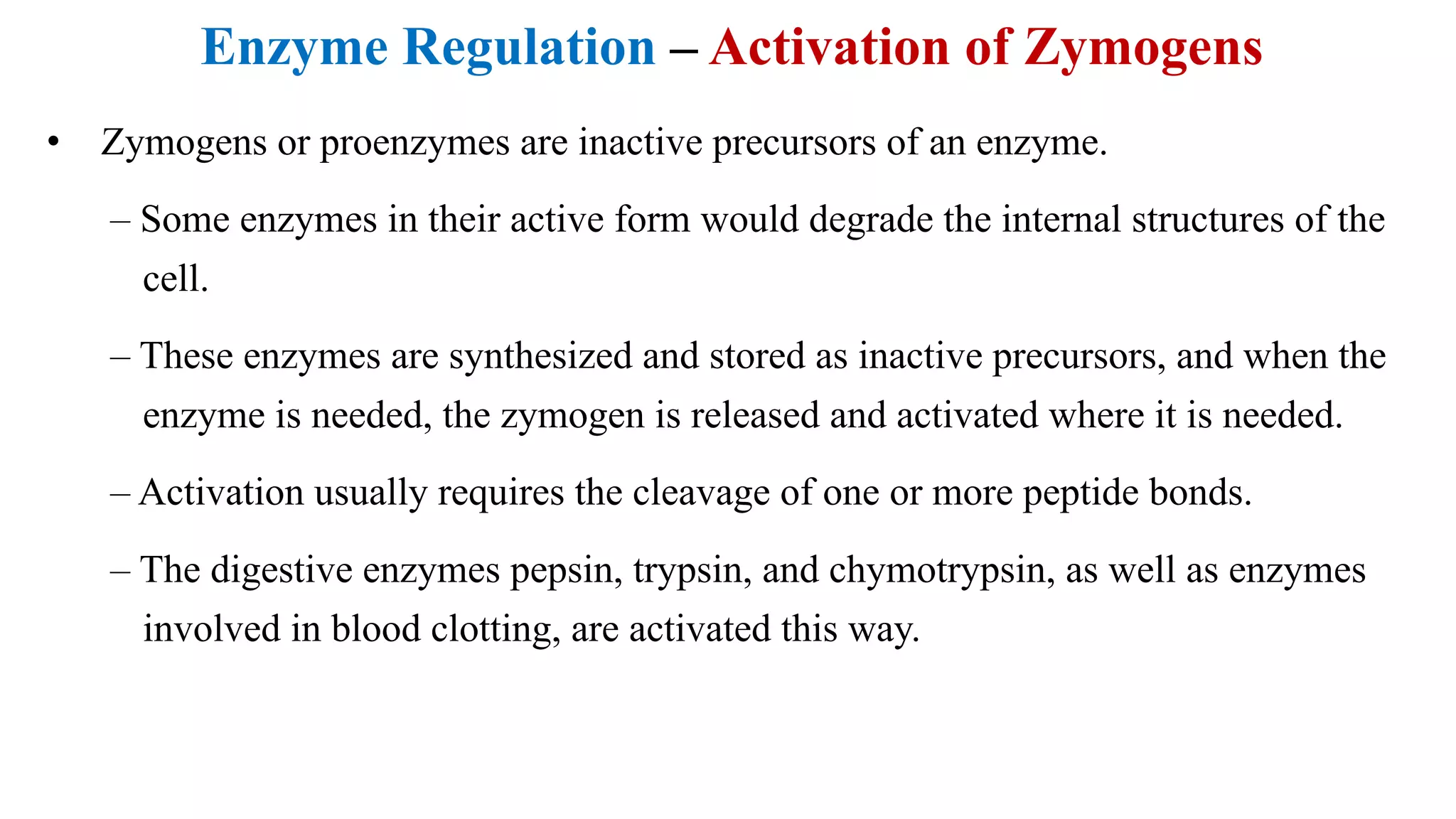Enzyme Regulation – Activation of Zymogens
• Zymogens or proenzymes are inactive precursors of an enzyme.
– Some enzymes in their active form would degrade the internal structures of the
cell.
– These enzymes are synthesized and stored as inactive precursors, and when the
enzyme is needed, the zymogen is released and activated where it is needed.
– Activation usually requires the cleavage of one or more peptide bonds.
– The digestive enzymes pepsin, trypsin, and chymotrypsin, as well as enzymes
involved in blood clotting, are activated this way.
 