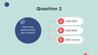 Question 2
How many
glucose units
are in starch?
1000-2000
A
2000-3000
B
3000 or more
C
 