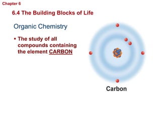 Chapter 6   Chemistry in Biology

    6.4 The Building Blocks of Life

     Organic Chemistry
      The study of all
       compounds containing
       the element CARBON
 